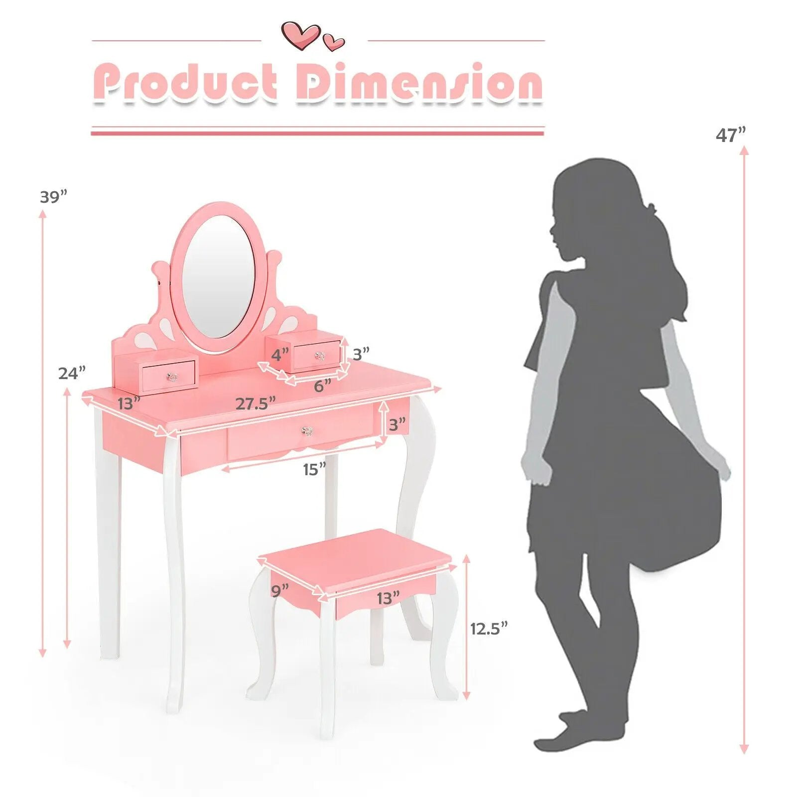 Kids Vanity Princess Makeup Dressing Table Stool Set with Mirror and Drawer by DirectDeals