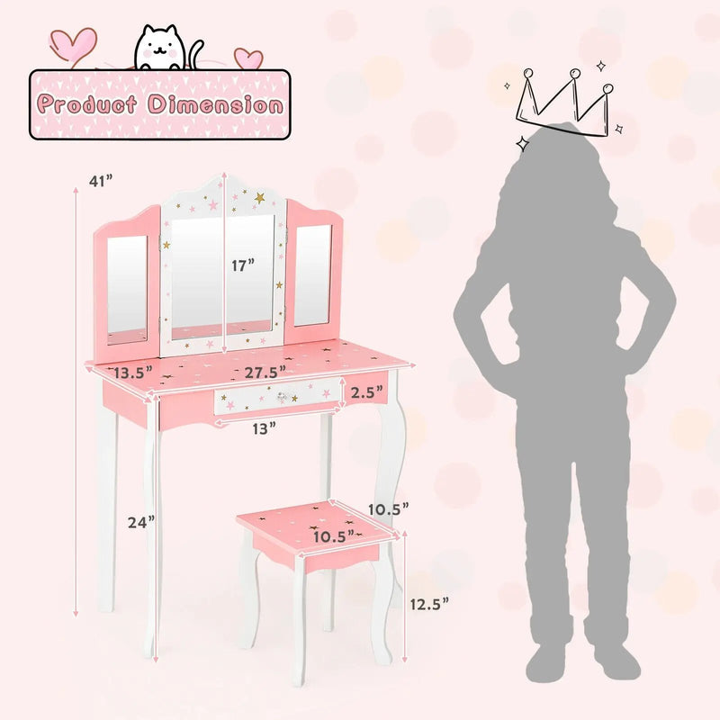Kids Princess Vanity Table and Stool Set with Tri-folding Mirror and Drawer by DirectDeals