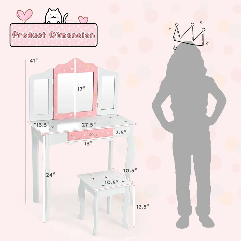 Kids Princess Vanity Table and Stool Set with Tri-folding Mirror and Drawer by DirectDeals