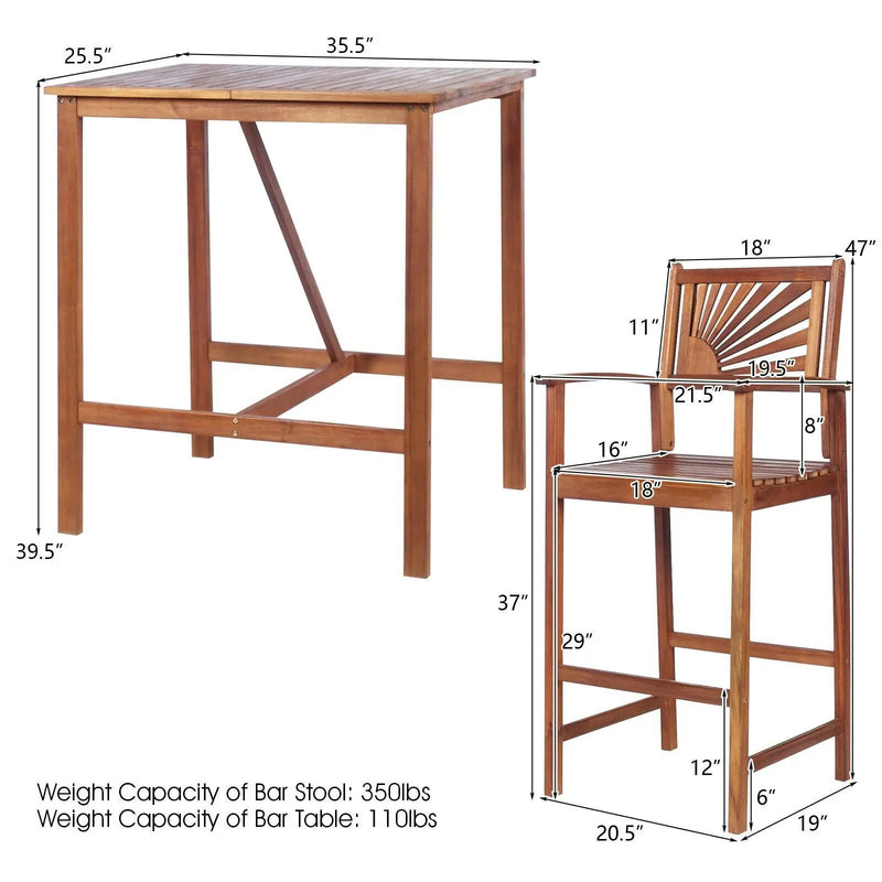 3 Pieces Acacia Wood Patio Bar Set with Sunflower Patterned Backrest by DirectDeals
