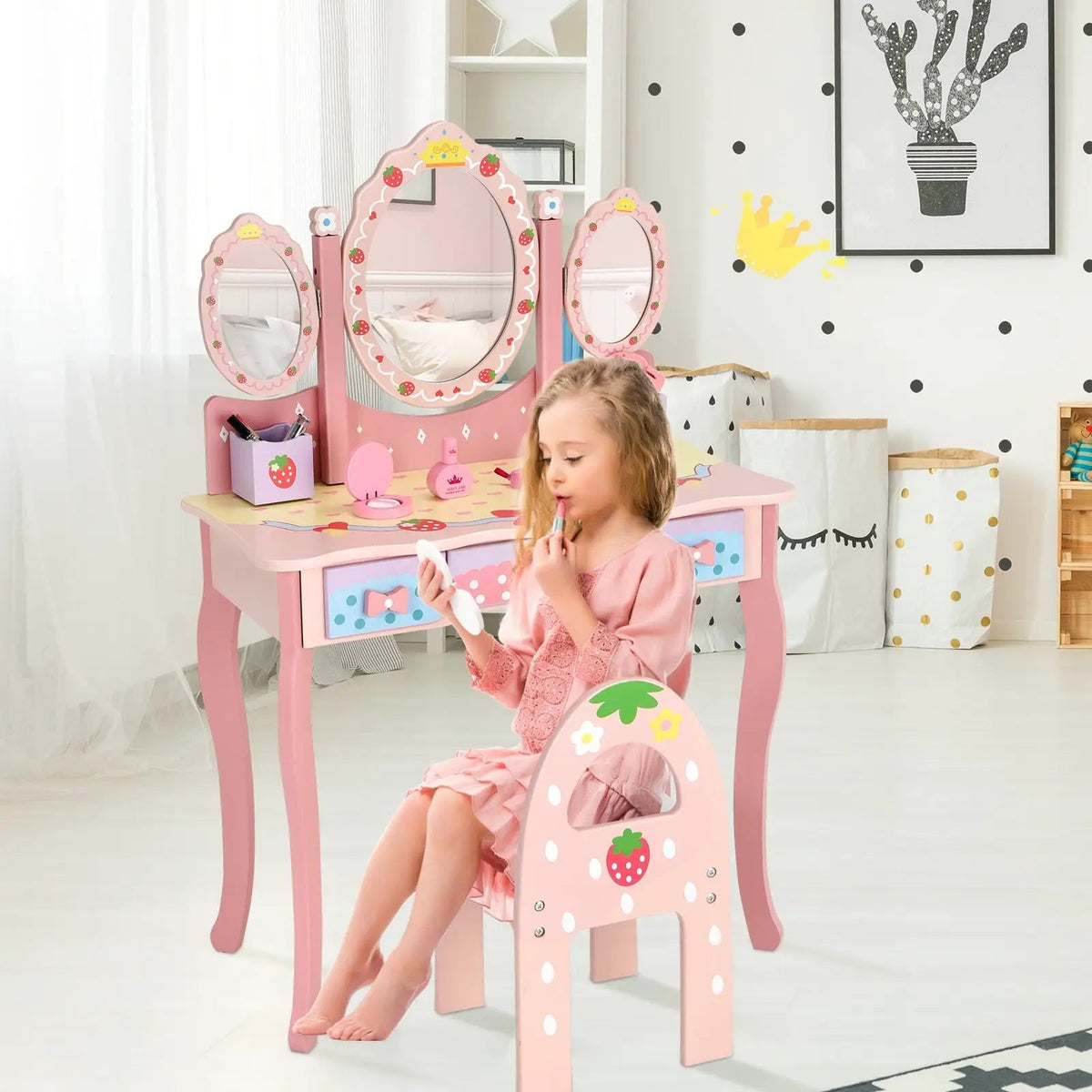 Kids Vanity Princess Makeup Dressing Table Chair Set with Tri-fold Mirror, photo 7 of 9
