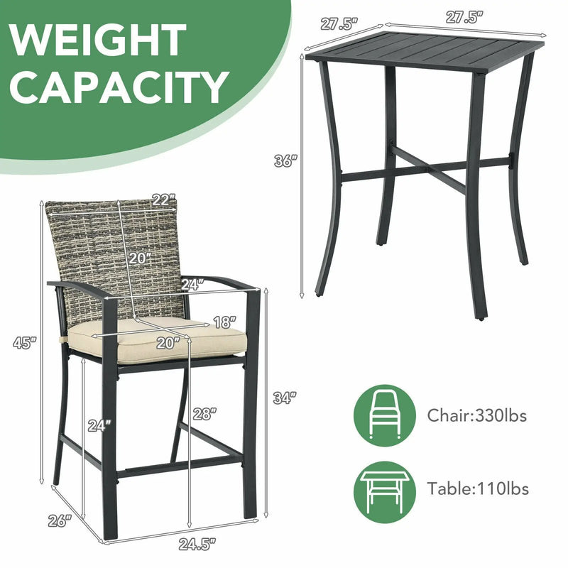 3 Pieces Rattan Bar Furniture Set with Slat Table and 2 Cushioned Stools by DirectDeals