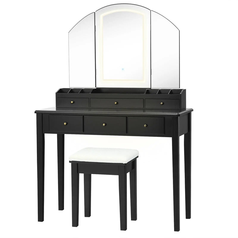 Vanity Table Stool Set with Large Tri-folding Lighted Mirror by DirectDeals