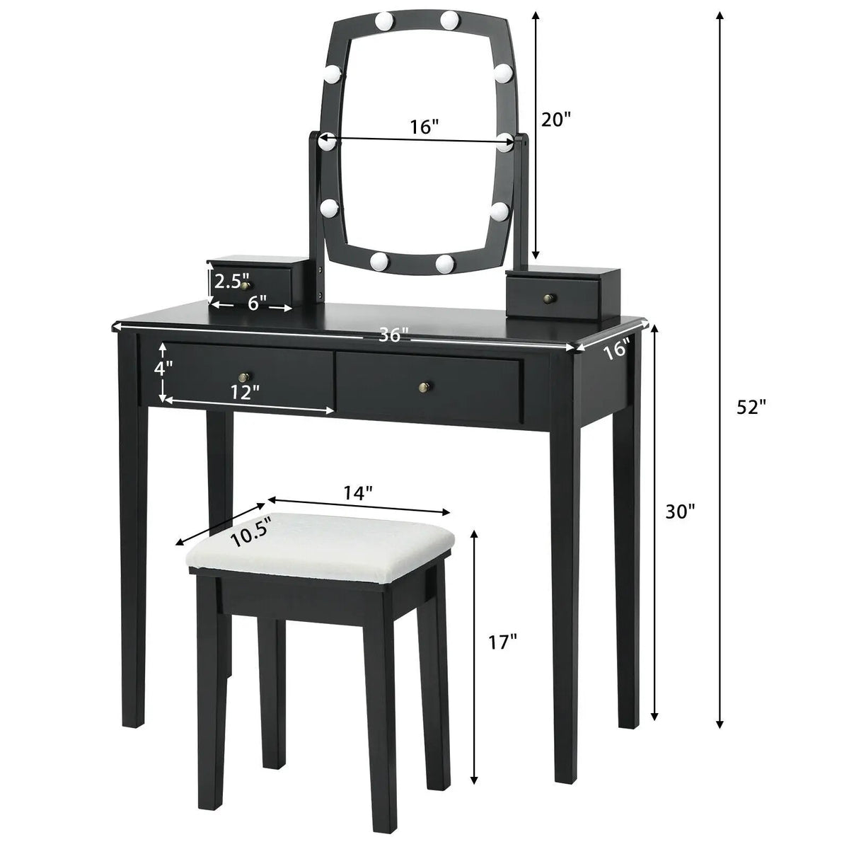 Vanity Table Set with Lighted Mirror for Bedroom and Dressing Room, photo 4 of 9