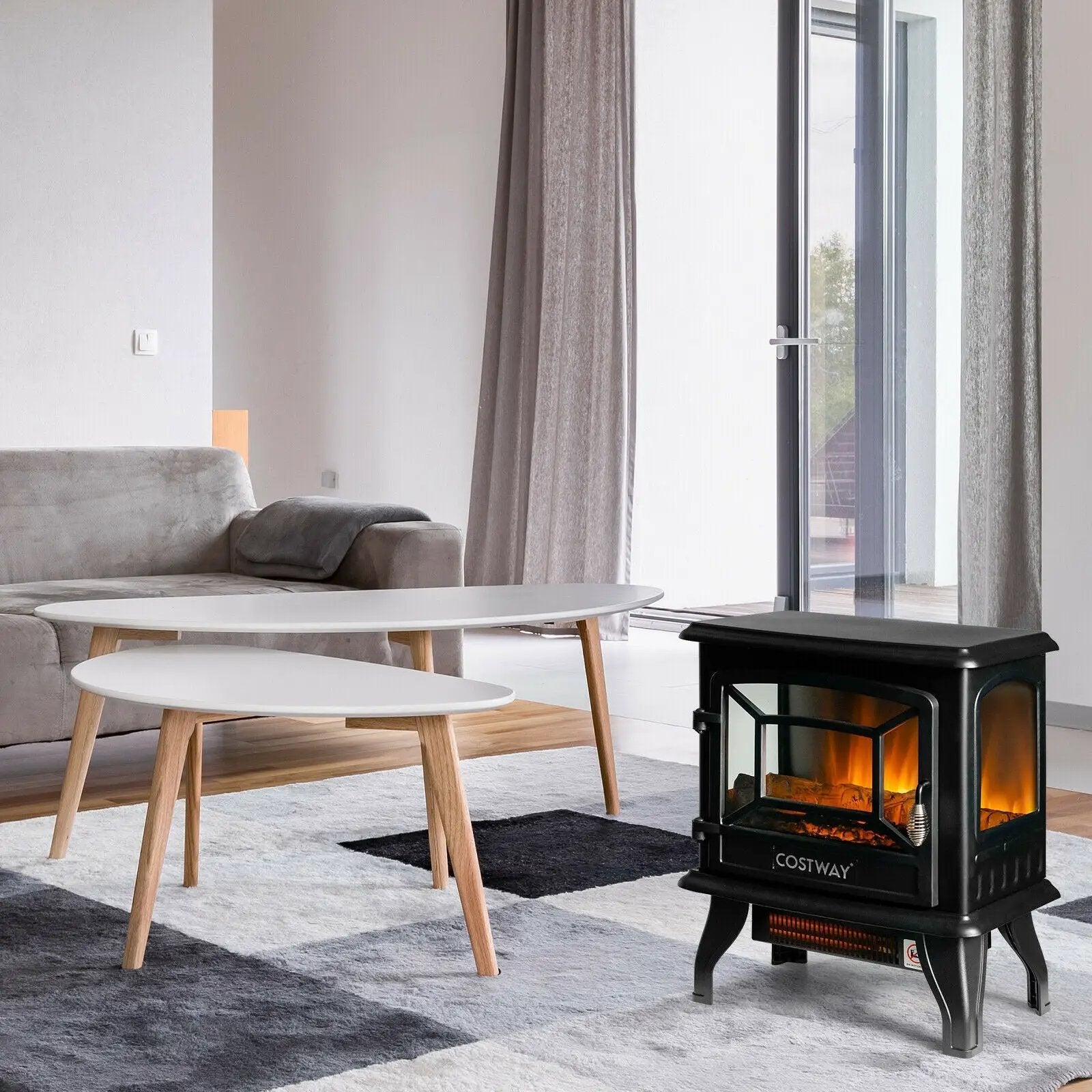 Freestanding Fireplace Heater with Realistic Dancing Flame Effect-Black by DirectDeals