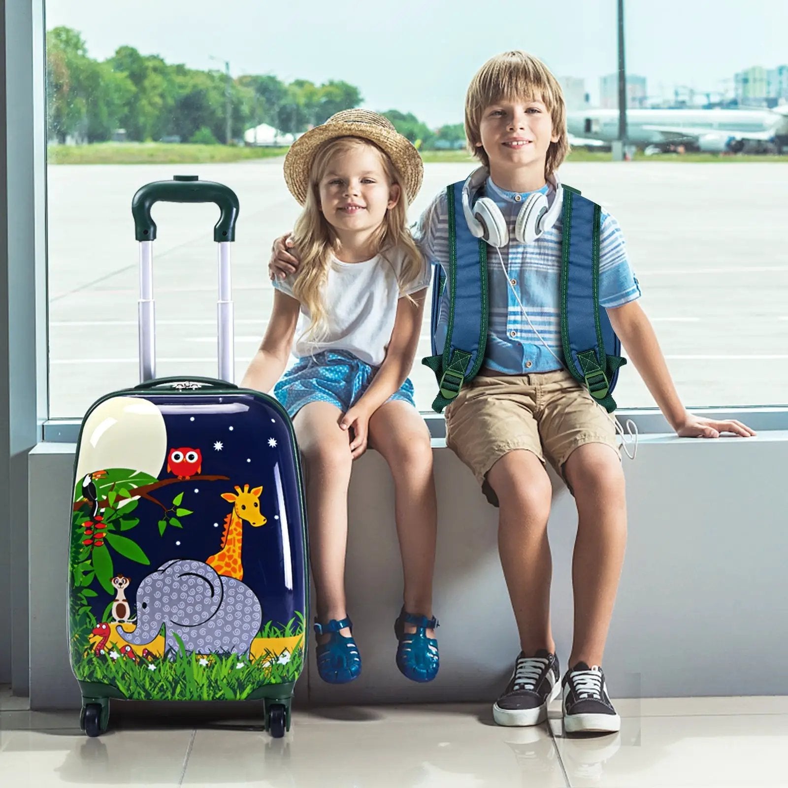 2 Pieces 12 Inch and 16 Inch Kids Carry on Suitcase Rolling Backpack School Luggage Set-Elephant by DirectDeals