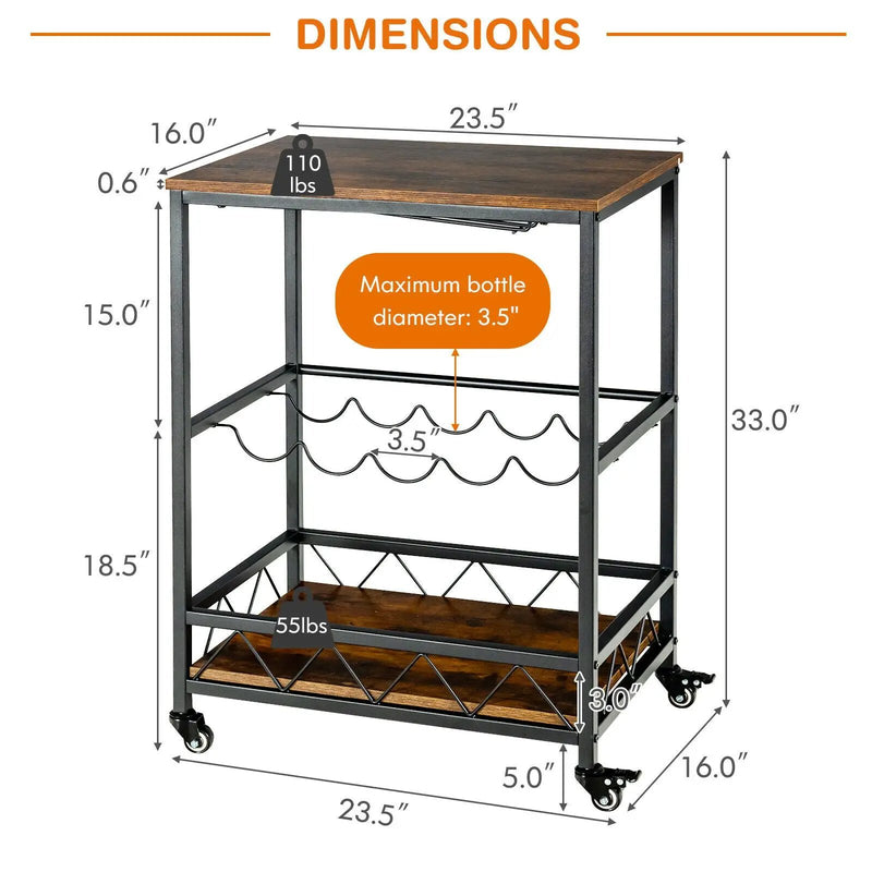 Kitchen Bar Cart Serving Trolley on Wheels with Wine Rack Glass Holder-Rustic Brown by DirectDeals