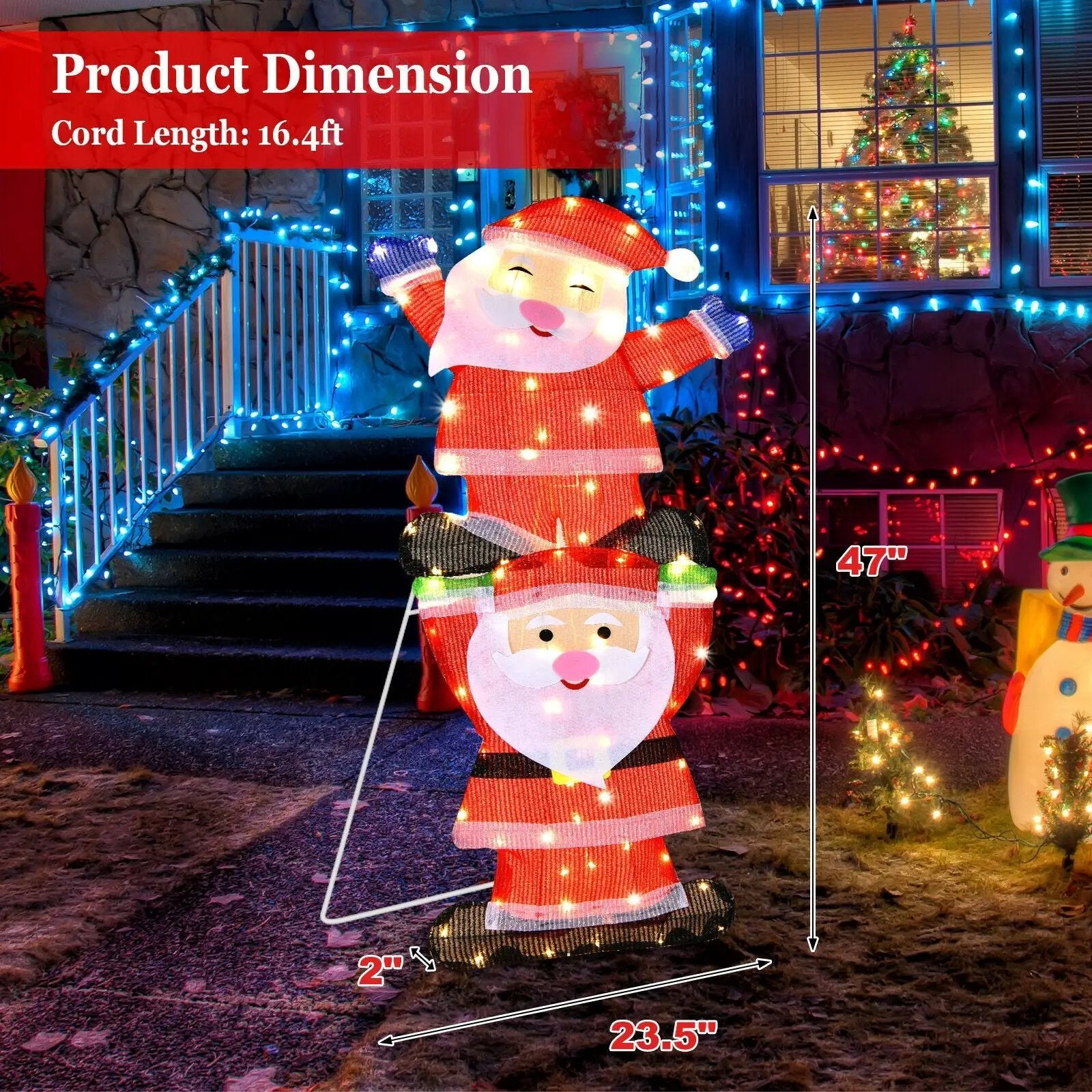 LED Double Santa Yard Christmas Decoration with String Lights and Stakes by DirectDeals