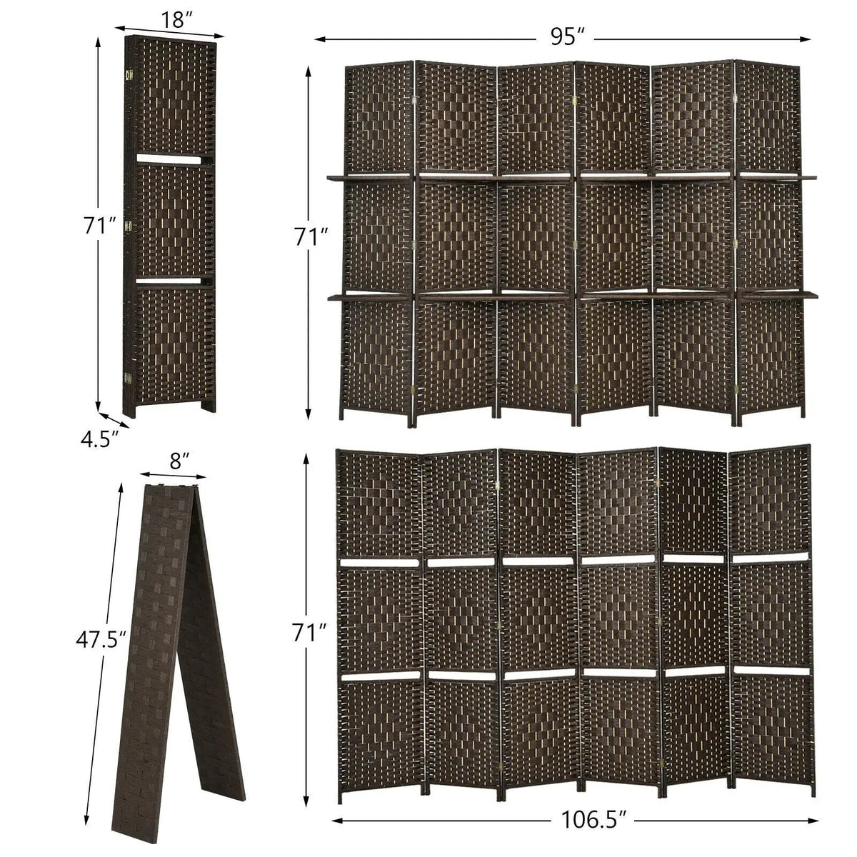 6 Panel Folding Weave Fiber Room Divider with 2 Display Shelves, photo 4 of 9