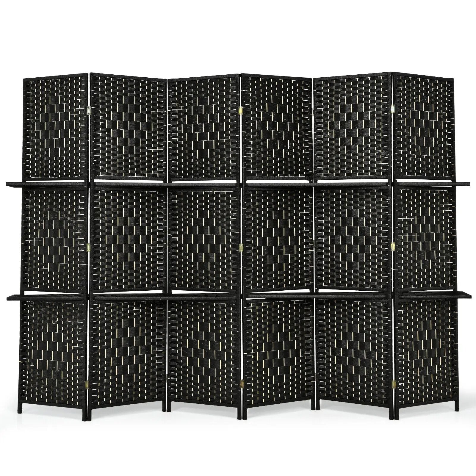 6 Panel Folding Weave Fiber Room Divider with 2 Display Shelves by DirectDeals