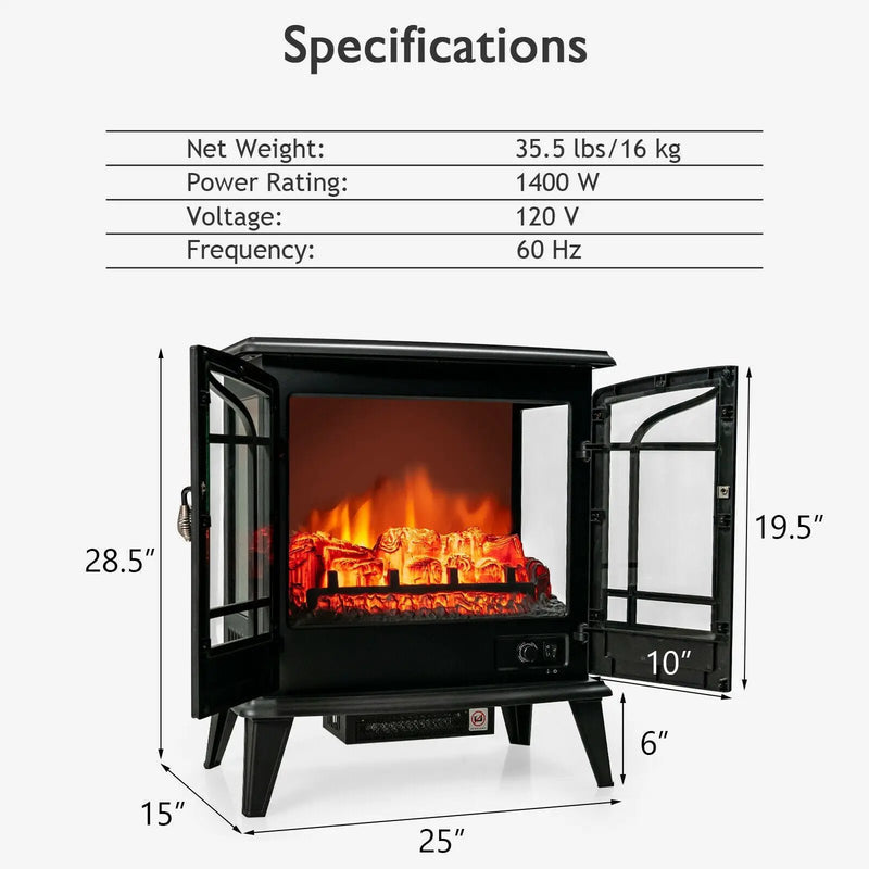 25 Inch Freestanding Electric Fireplace Heater with Realistic Flame effect-Black by DirectDeals