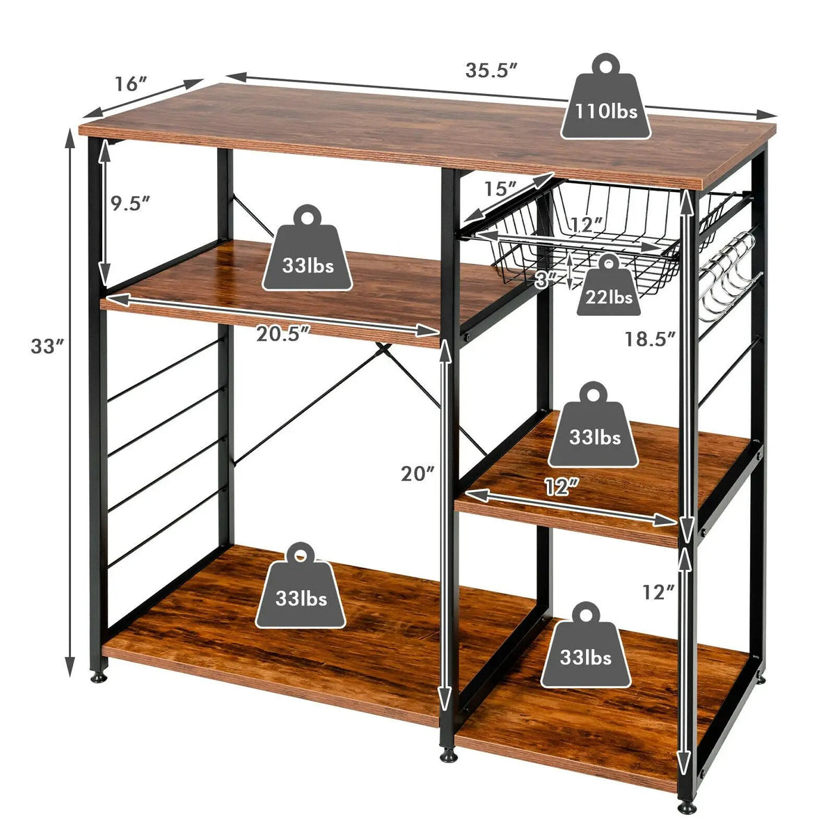 Industrial Kitchen Baker's Rack Microwave Shelf with 6 Hooks, photo 35 of 40