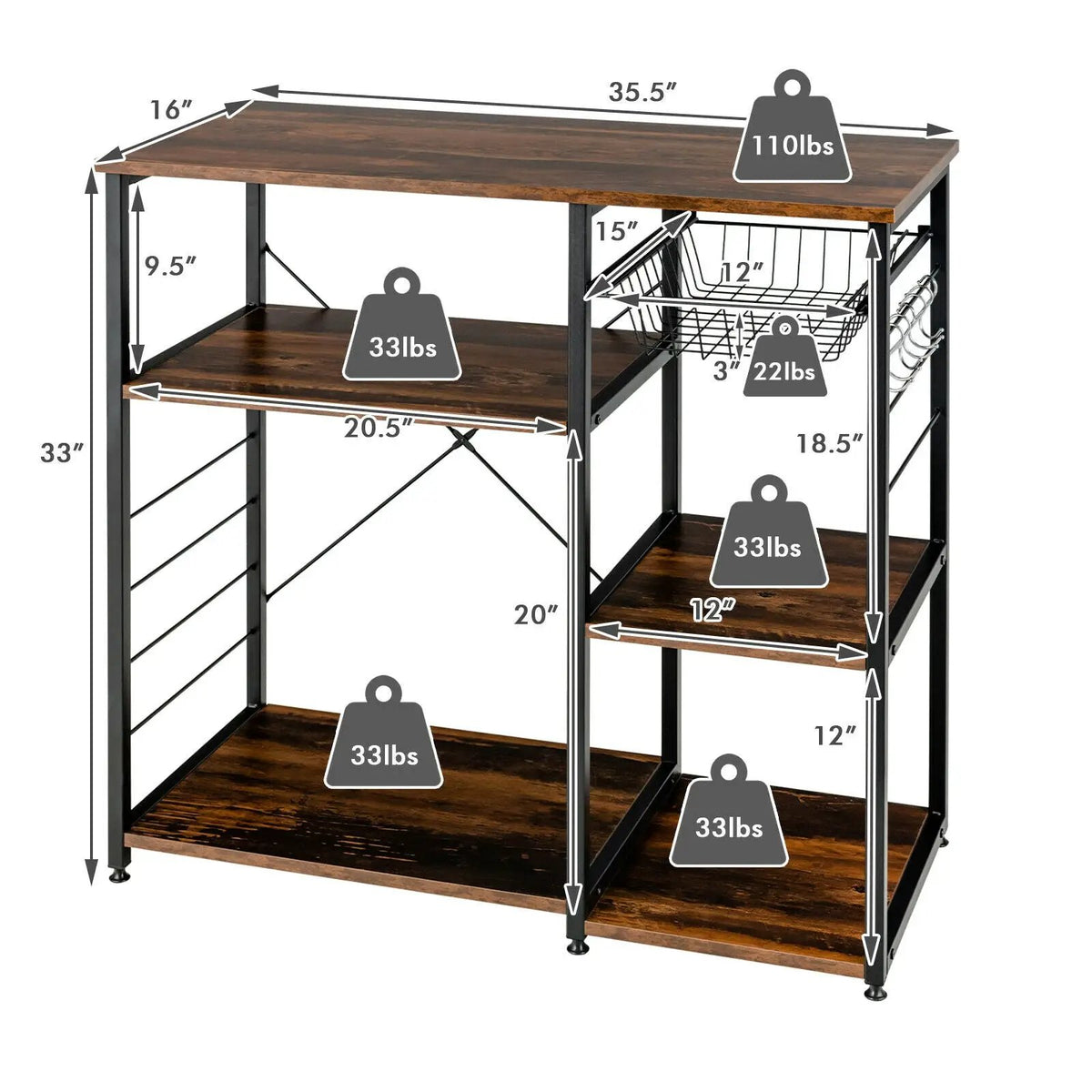 Industrial Kitchen Baker's Rack Microwave Shelf with 6 Hooks, photo 14 of 40