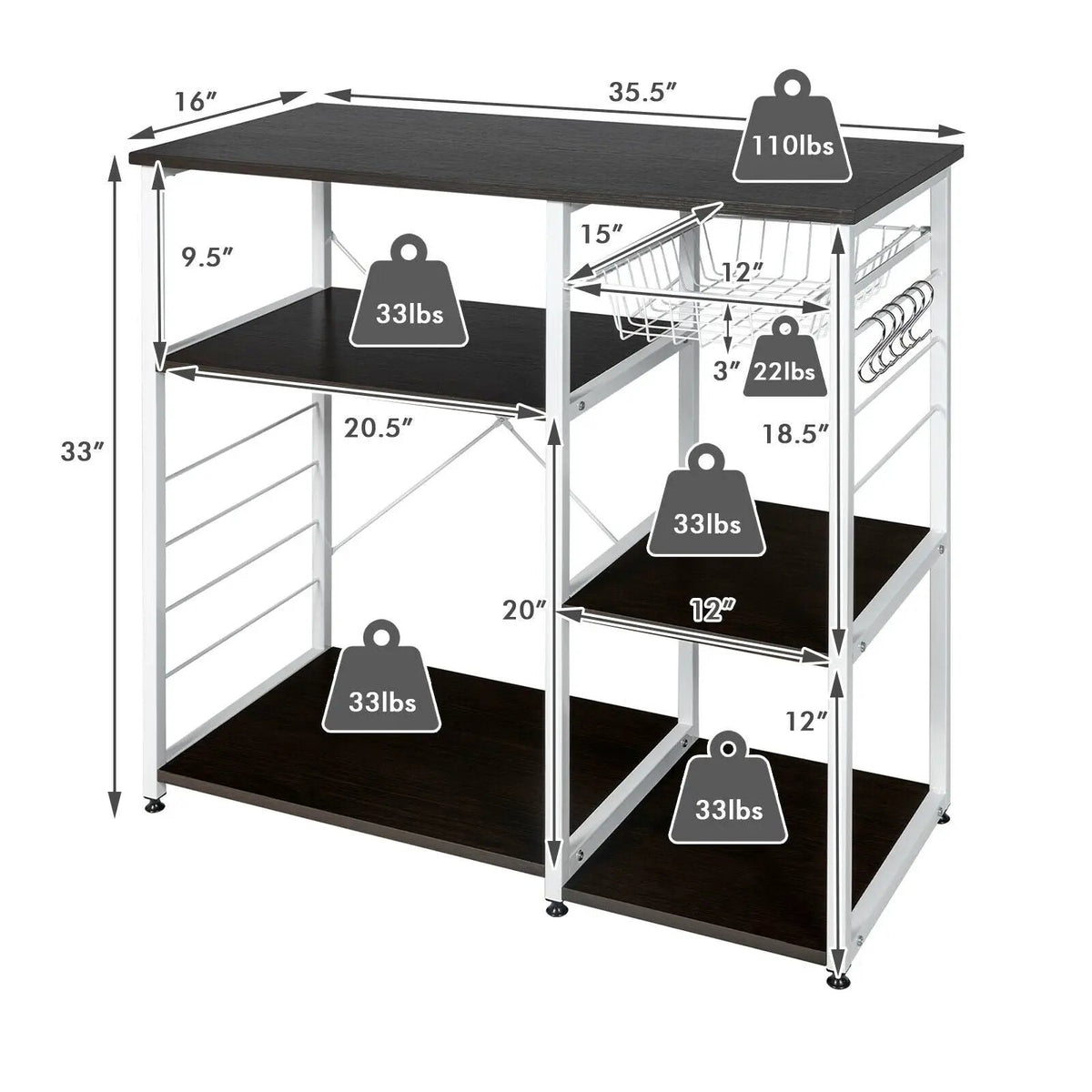 Industrial Kitchen Baker's Rack Microwave Shelf with 6 Hooks, photo 21 of 40