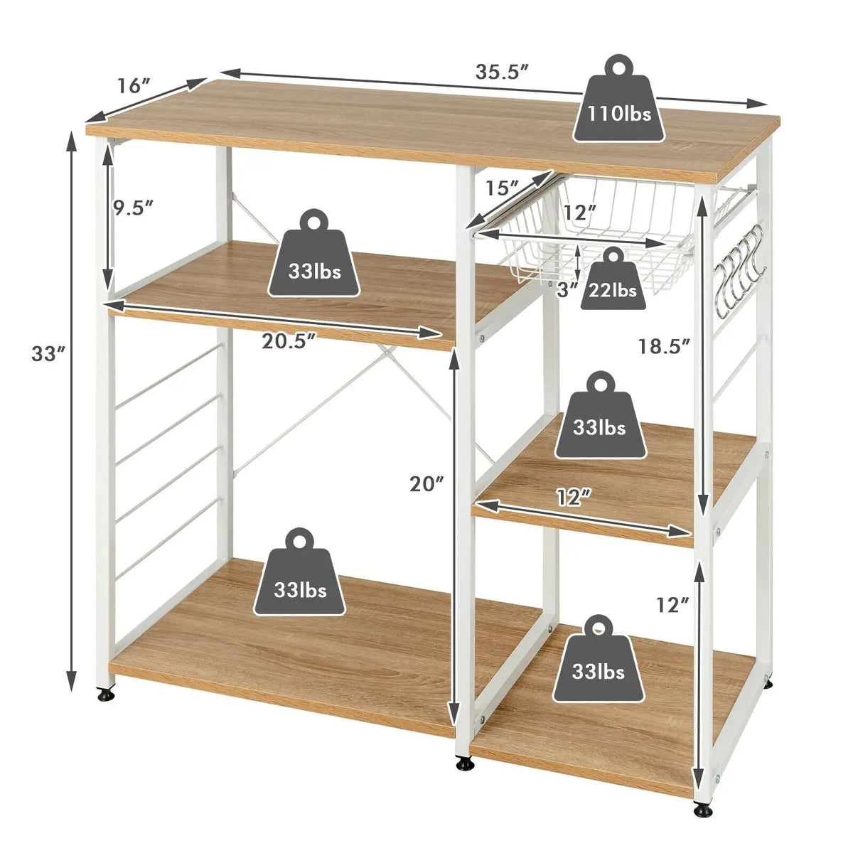 Industrial Kitchen Baker's Rack Microwave Shelf with 6 Hooks, photo 28 of 40