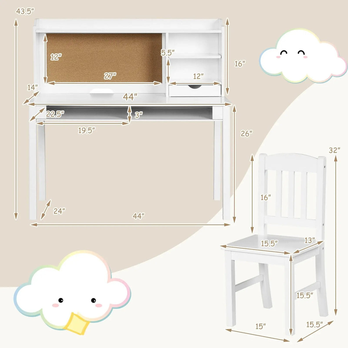 Kids Desk and Chair Set Study Writing Desk with Hutch and Bookshelves, photo 4 of 10