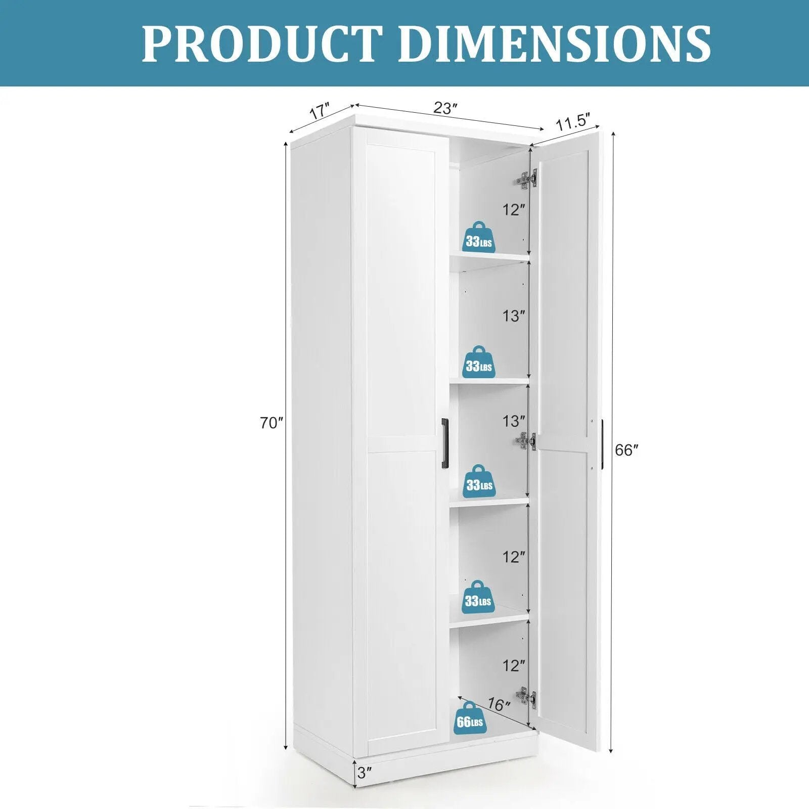 70 Inch Freestanding Storage Cabinet with 2 Doors and 5 Shelves