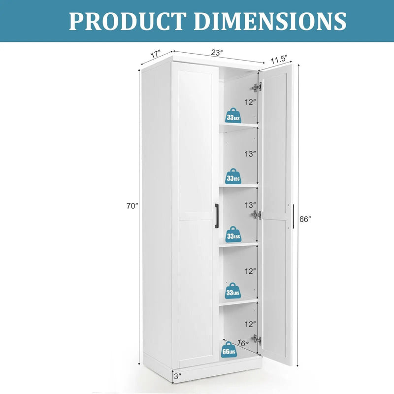 70 Inch Freestanding Storage Cabinet with 2 Doors and 5 Shelves