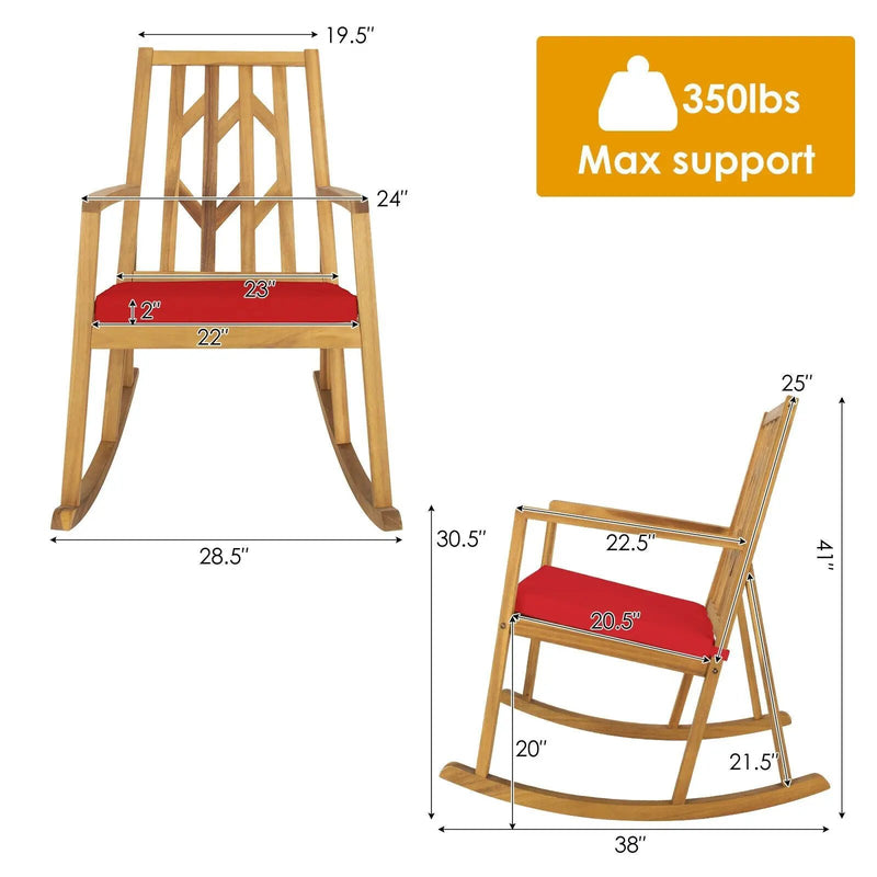 Patio Acacia Wood Rocking Chair Sofa with Armrest and Cushion for Garden and Deck by DirectDeals