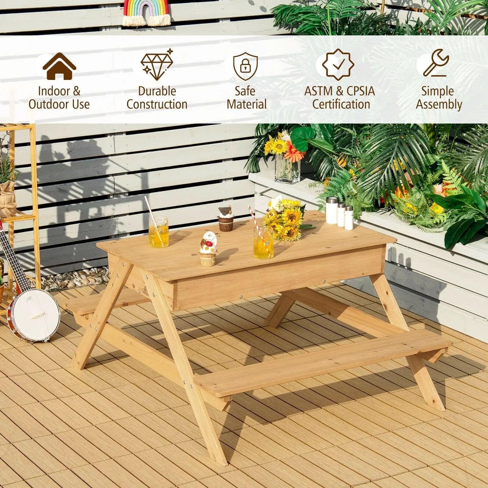 3-in-1 Kids Picnic Table Wooden Outdoor Water Sand Table with Play Boxes by DirectDeals