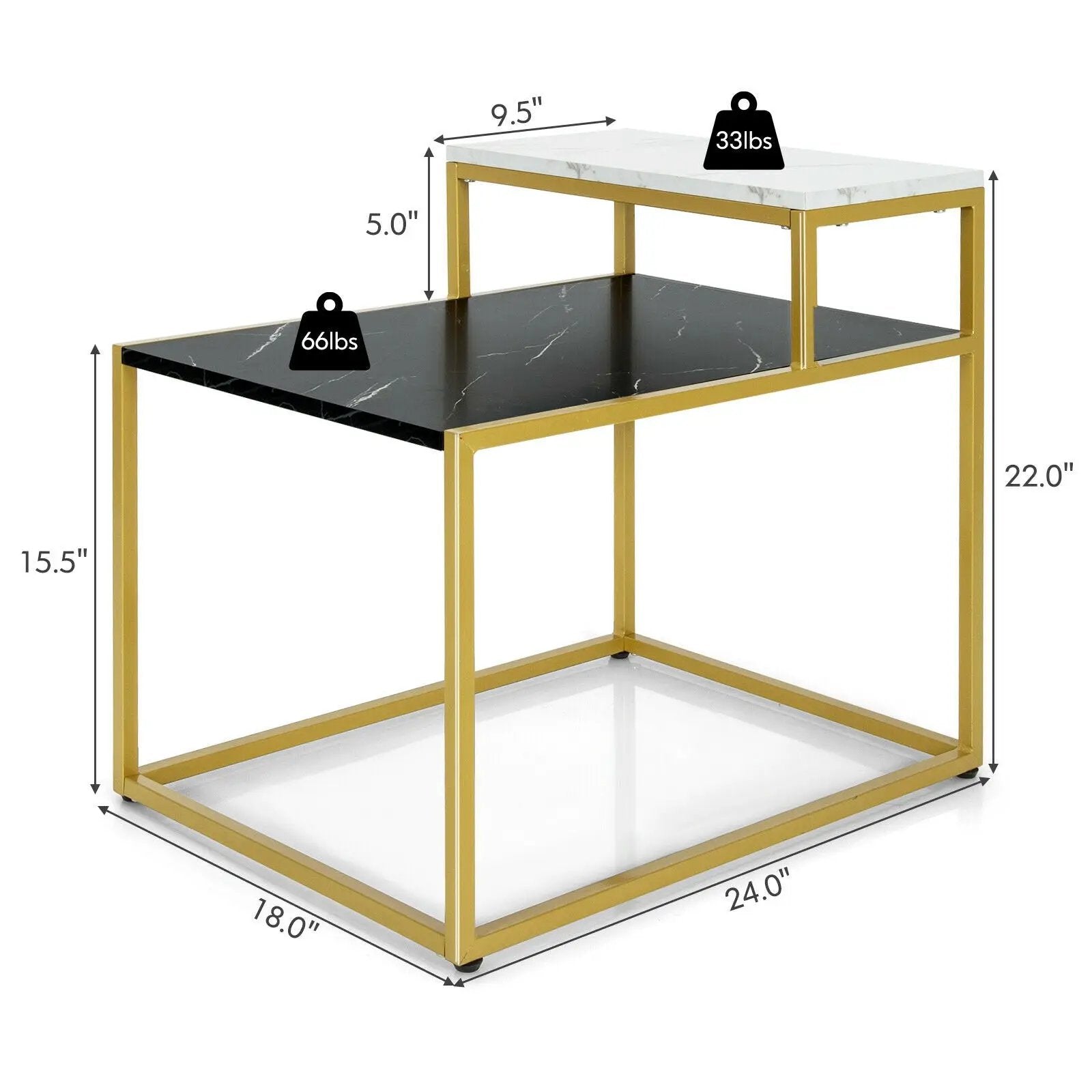 2 Tier End Side Table with Metal Frame and Storage Shelf for Living Room-White by DirectDeals