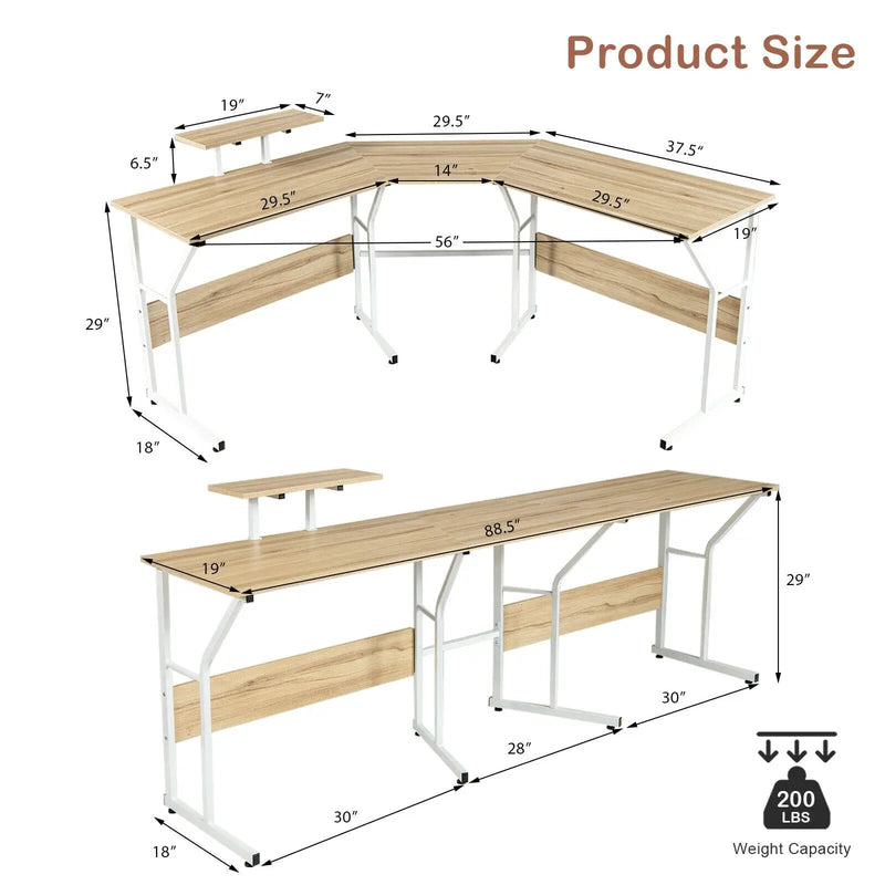 88.5 Inch L Shaped Reversible Computer Desk Table with Monitor Stand by DirectDeals