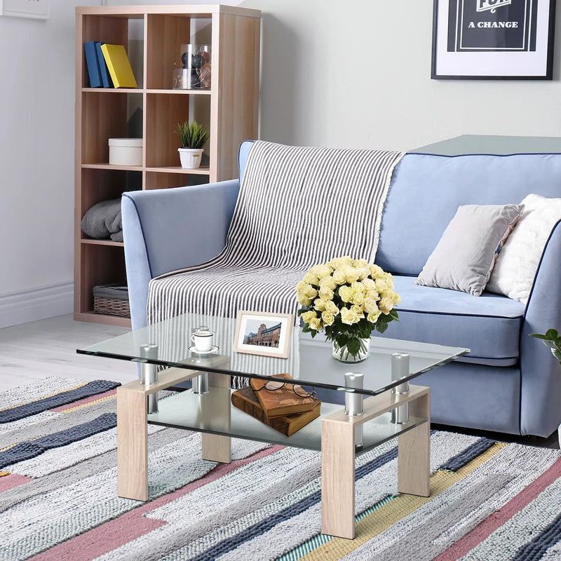 Rectangle Glass Coffee Table with Metal Legs for Living Room by DirectDeals