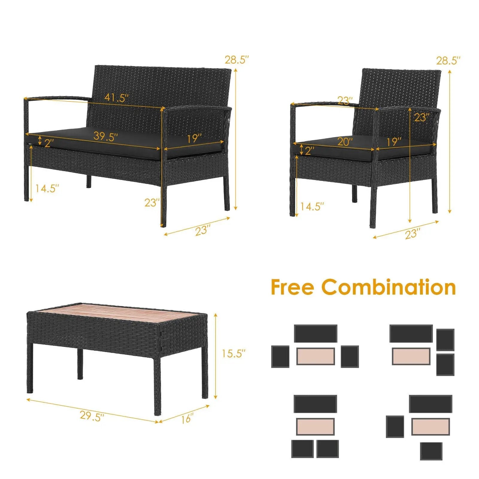 4 Pieces Patio Rattan Cushioned Furniture Set with Wooden Tabletop by DirectDeals