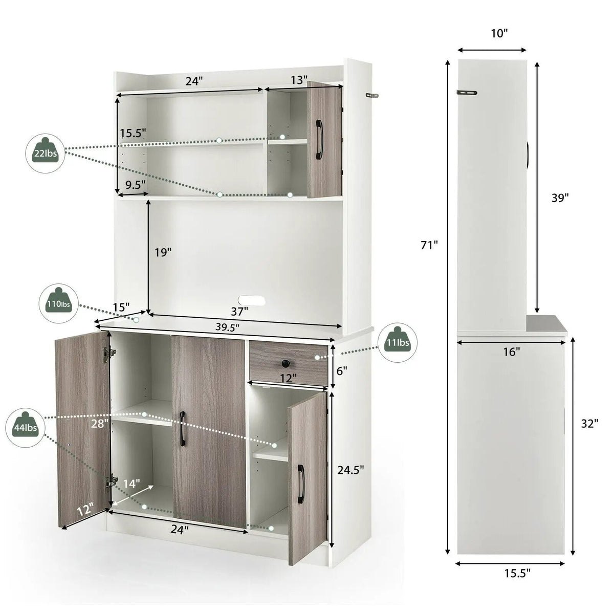 4-Door Freestanding Kitchen Buffet with Hutch and Adjustable Shelves, photo 10 of 16