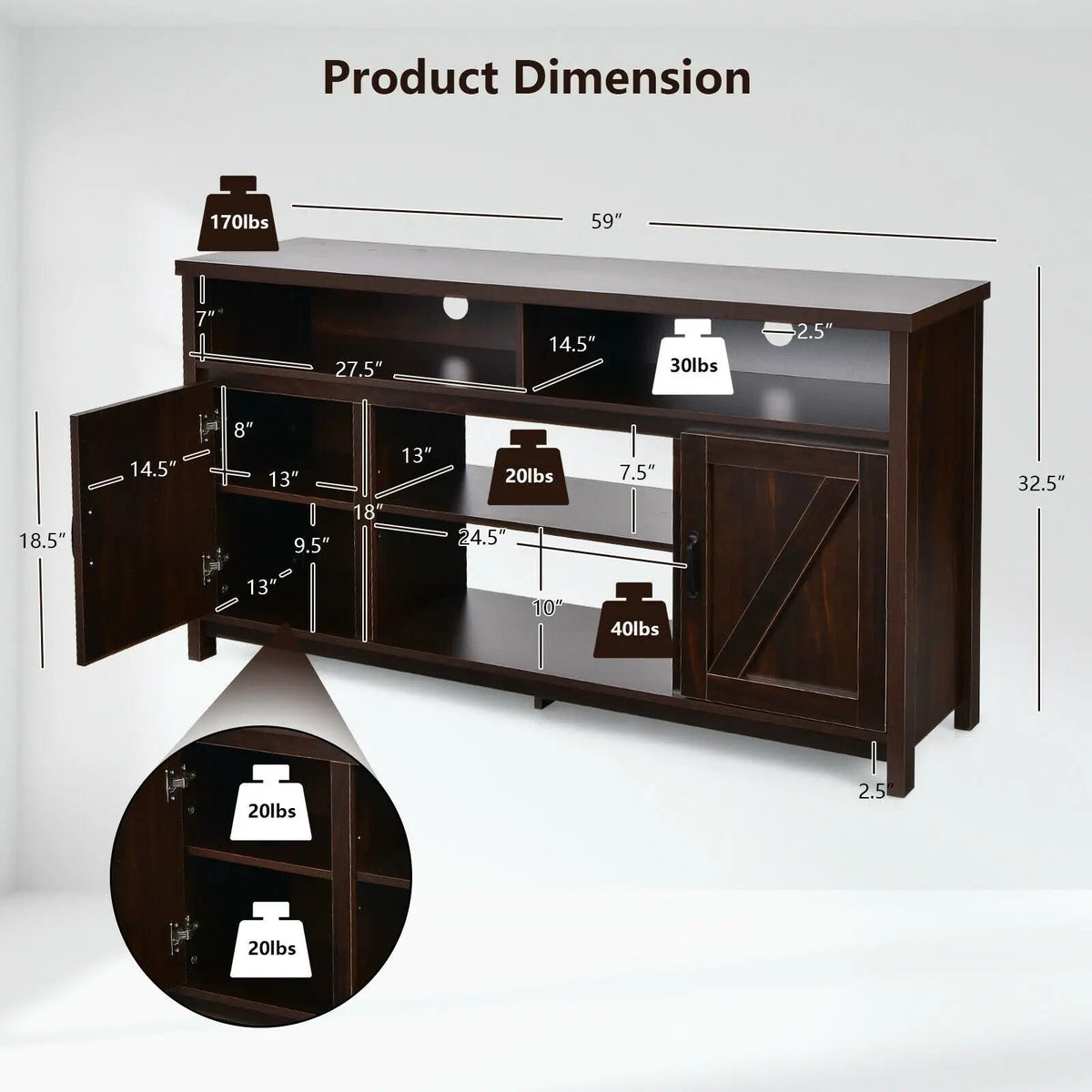 59 Inch TV Stand Media Center Console Cabinet with Barn Door for TV's 65 Inch, photo 5 of 10
