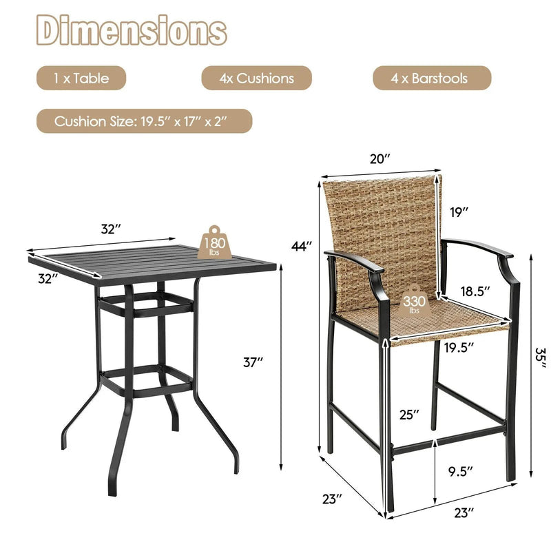 5 Pieces Outdoor Rattan Bistro Bar Stool Table Set with Cushions by DirectDeals