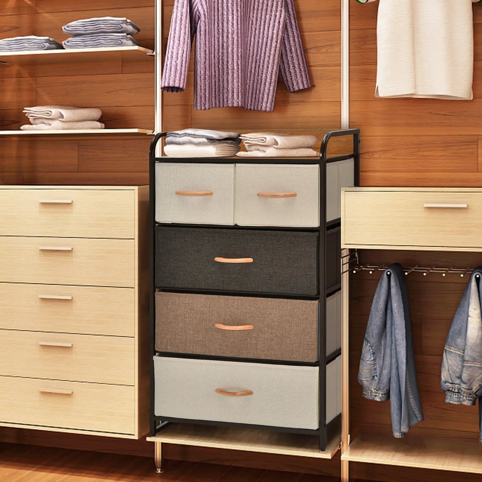 4-Tier Organizer Tower Steel Frame Wooden Top Storage with 5-Drawer Dresser by DirectDeals