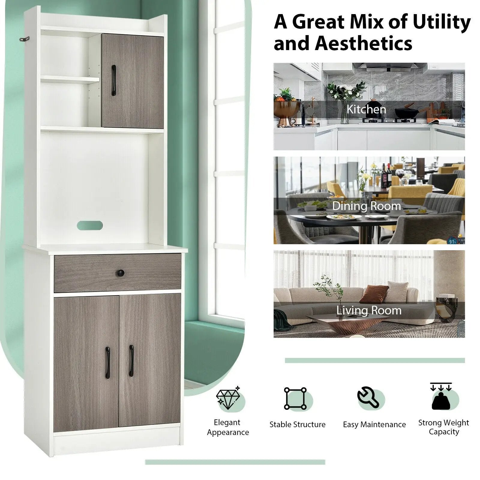3-Door 71 Inch Kitchen Buffet Pantry Storage Cabinet with Hutch and Adjustable Shelf by DirectDeals