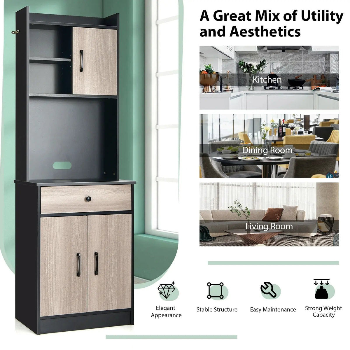 3-Door 71 Inch Kitchen Buffet Pantry Storage Cabinet with Hutch and Adjustable Shelf, photo 15 of 16