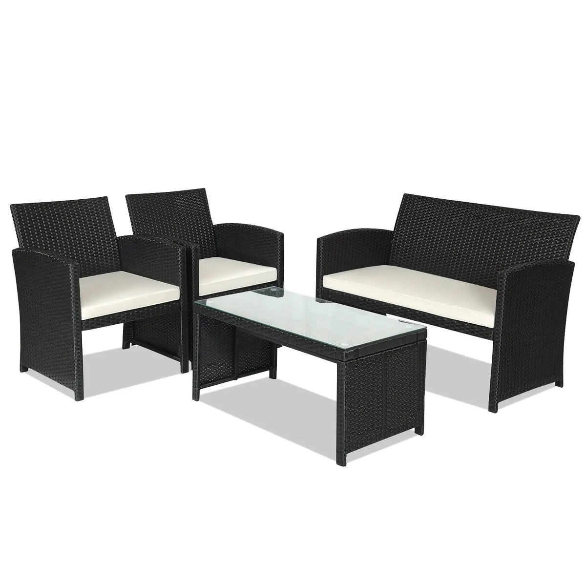 4 Pieces Rattan Patio Furniture Set with Weather Resistant Cushions and Tempered Glass Tabletop by DirectDeals