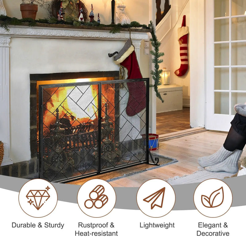 2-Panel Fireplace Screen Folding Metal Fire Place Safety Fence with Magnetic Doors by DirectDeals