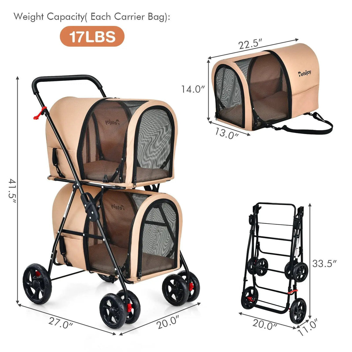 4-in-1 Double Pet Stroller with Detachable Carrier and Travel Carriage, photo 5 of 12