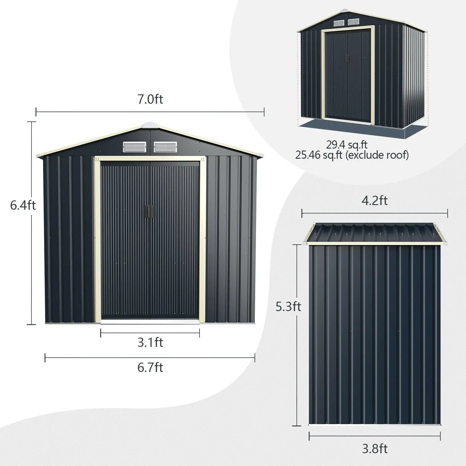 7 Feet x 4 Feet Metal Storage Shed with Sliding Double Lockable Doors-Gray by DirectDeals
