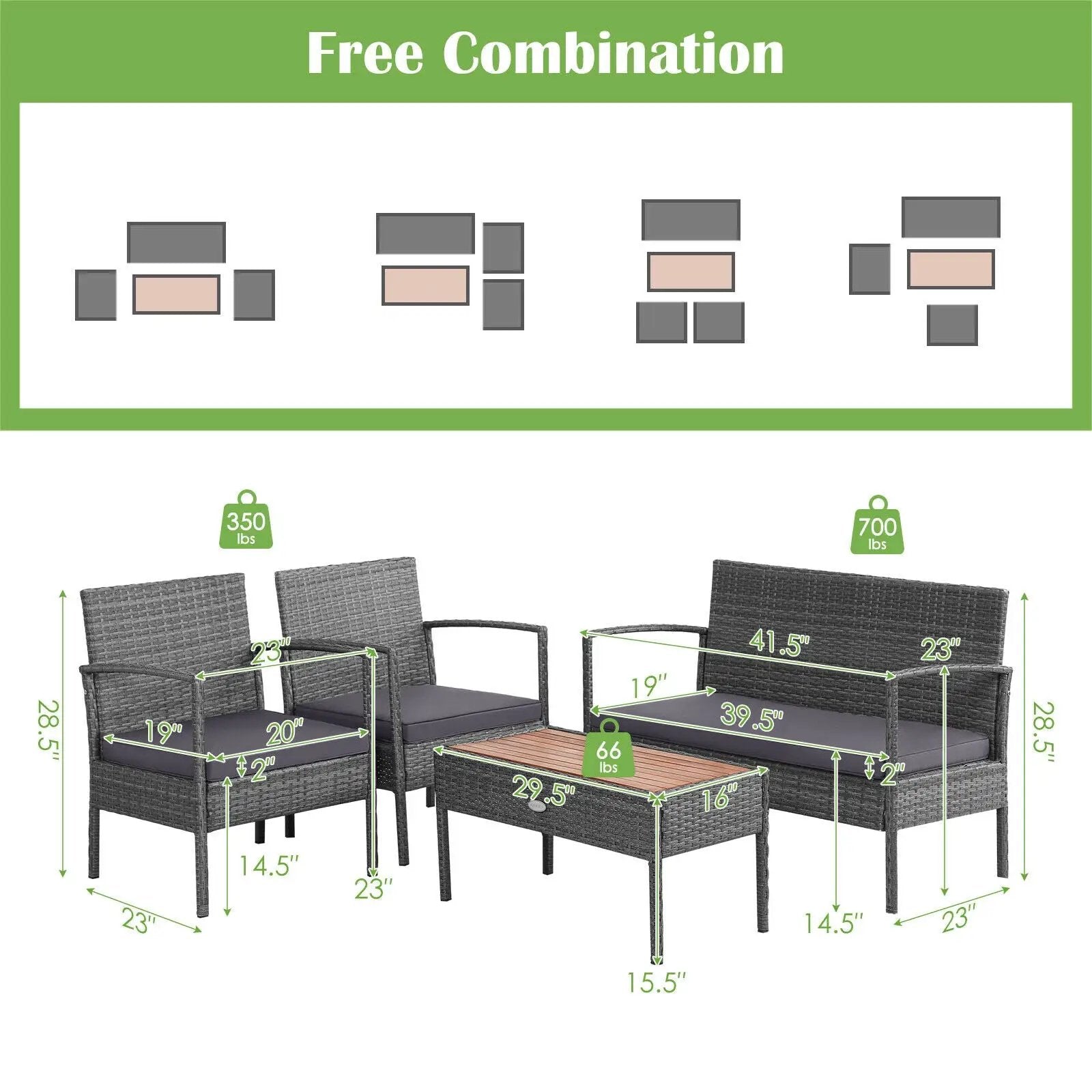 4 Pieces Rattan Patio Conversation Furniture Set with Acacia Wood Tabletop by DirectDeals