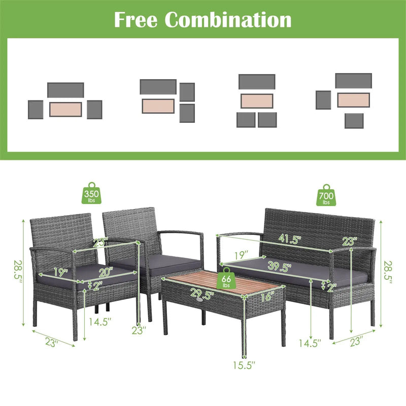 4 Pieces Rattan Patio Conversation Furniture Set with Acacia Wood Tabletop by DirectDeals