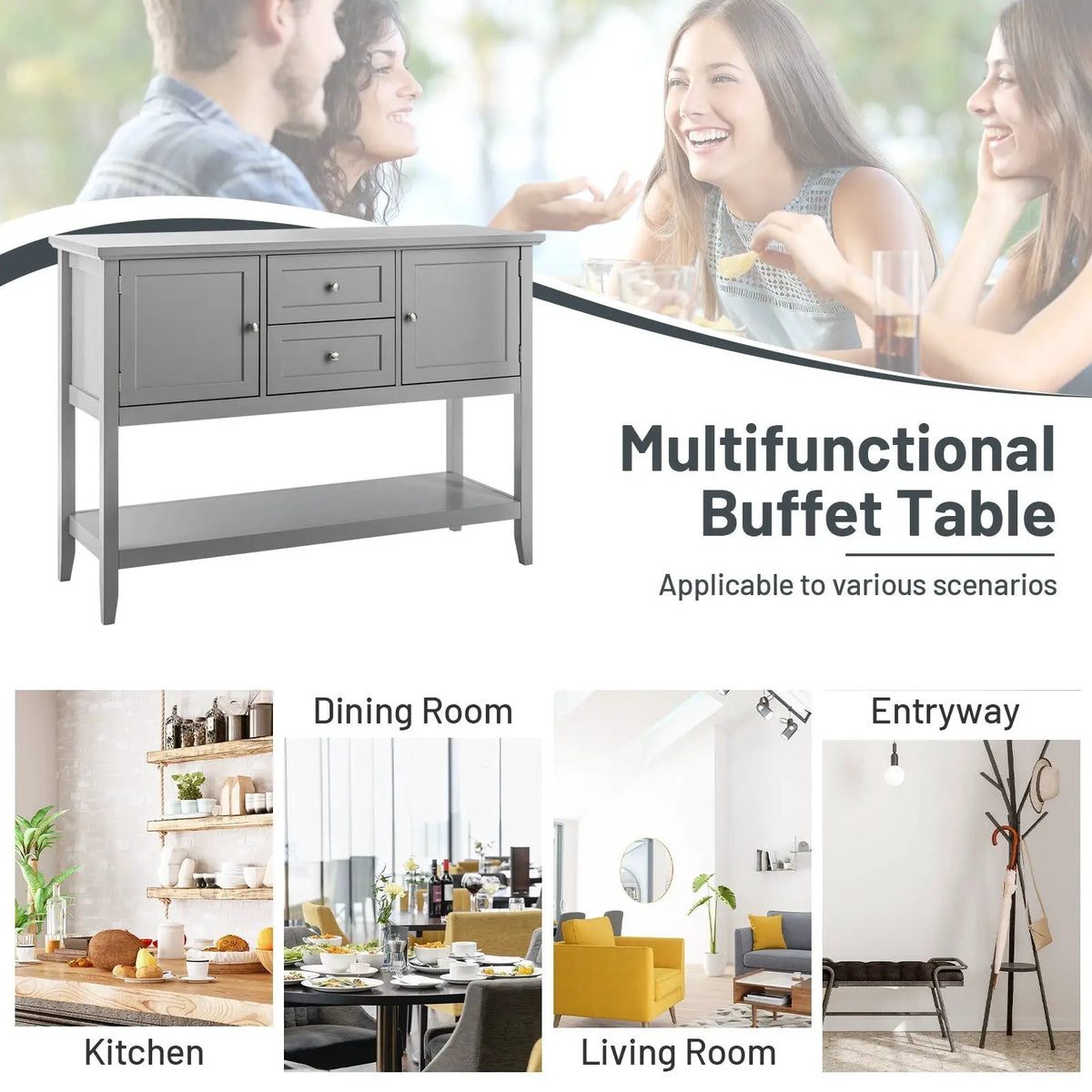 Wooden Sideboard Buffet Console Table with Drawers and Storage, photo 2 of 11