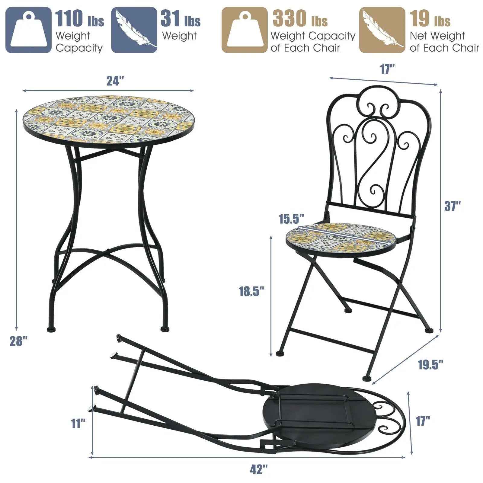 3 Pieces Patio Bistro Mosaic Design Set with Folding Chairs and Round Table by DirectDeals