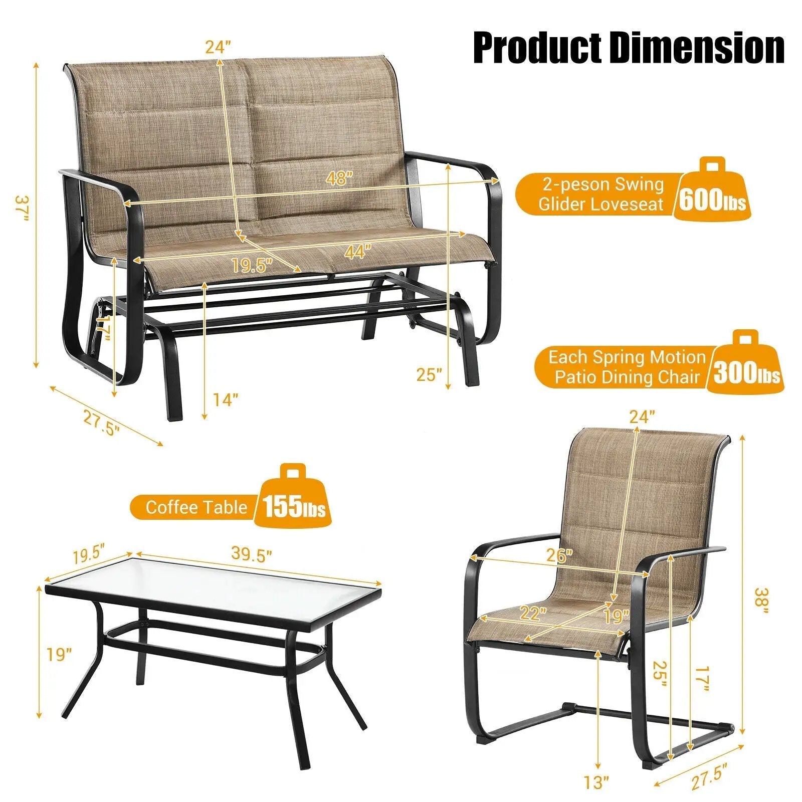 4 Pieces Outdoor Patio Furniture Set with Padded Glider Loveseat and Coffee Table-Brown by DirectDeals