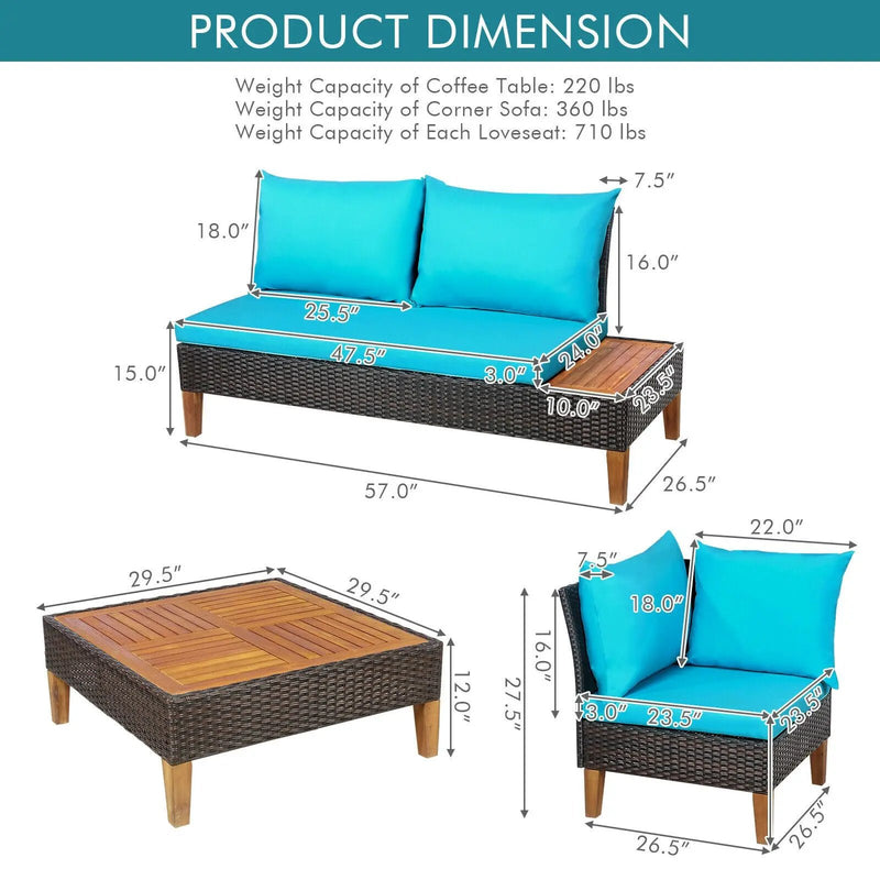 4 Pieces Patio Cushioned Rattan Furniture Set with Wooden Side Table by DirectDeals