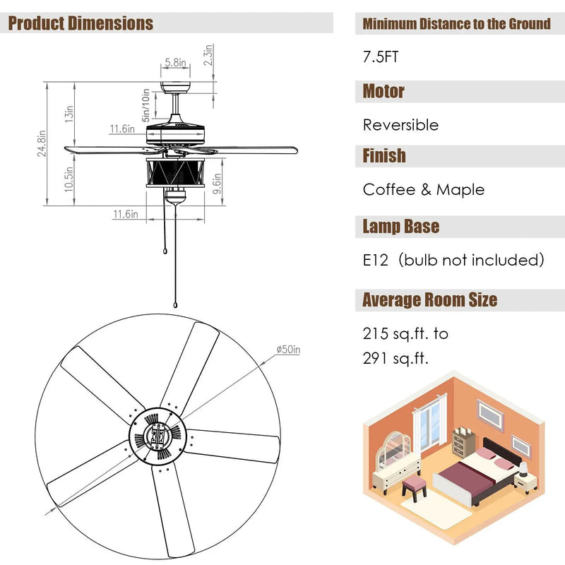 50 Inches Ceiling Fan with Lights Reversible Blades and Pull Chain Control-Black by DirectDeals
