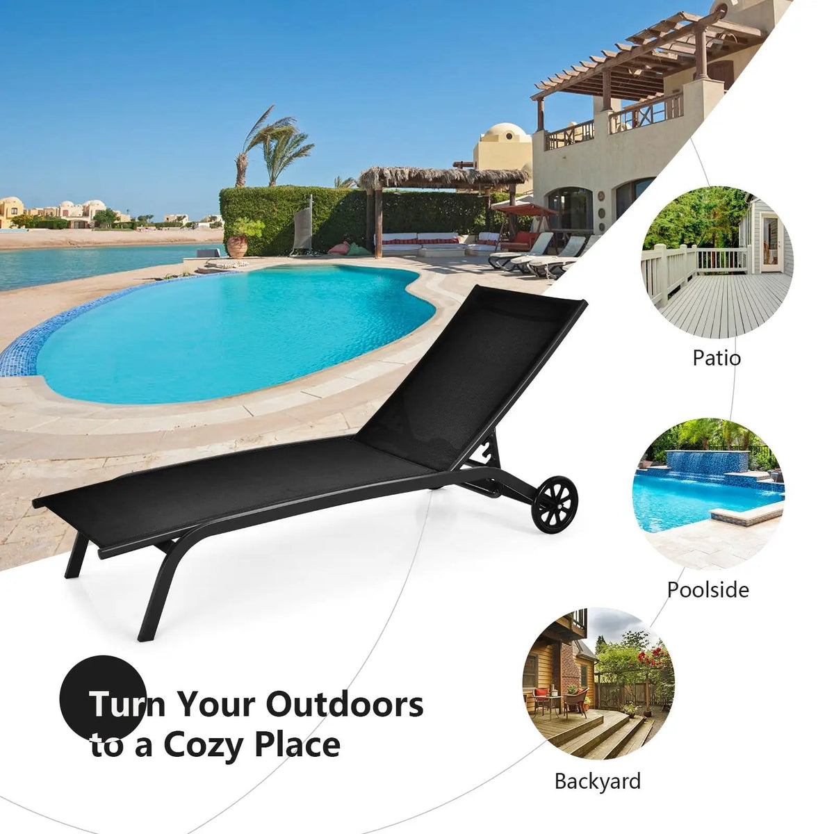 6-Poisition Adjustable Outdoor Chaise Recliner with Wheels, photo 8 of 10