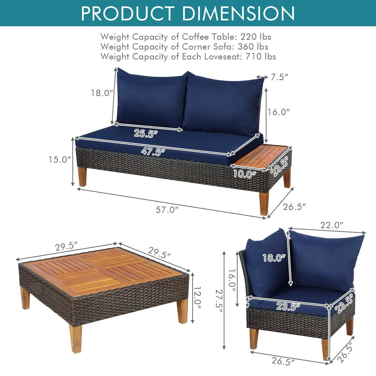 4 Pieces Patio Cushioned Rattan Furniture Set with Wooden Side Table by DirectDeals