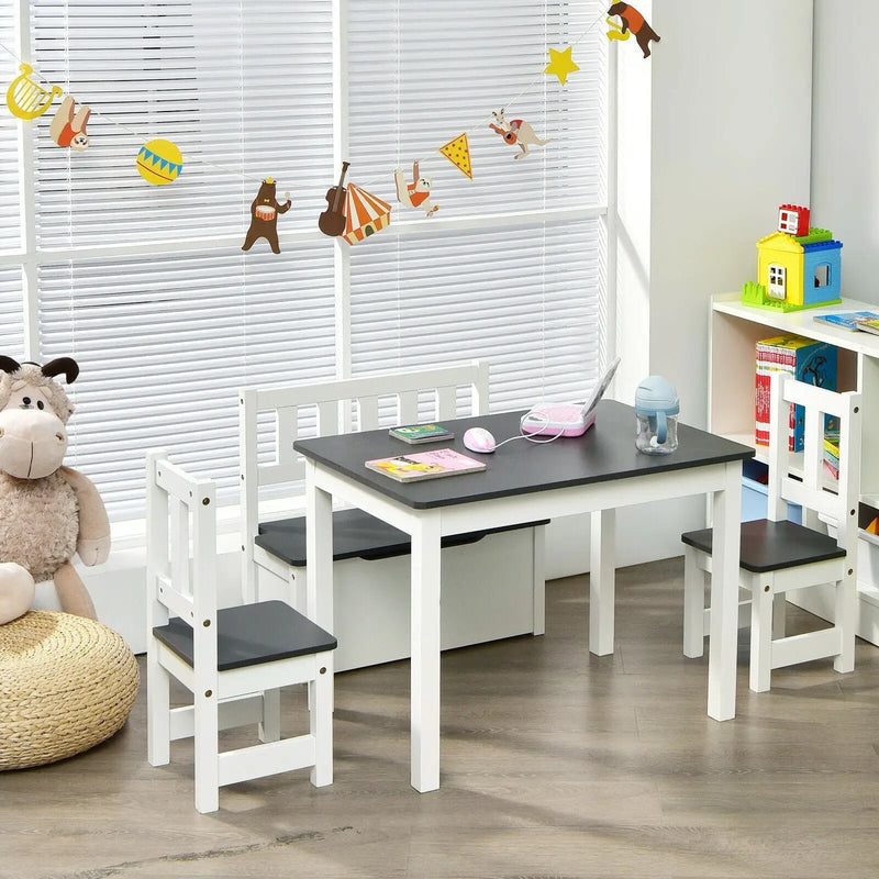 4 Pieces Kids Wooden Activity Table and Chairs Set with Storage Bench and Study Desk by DirectDeals