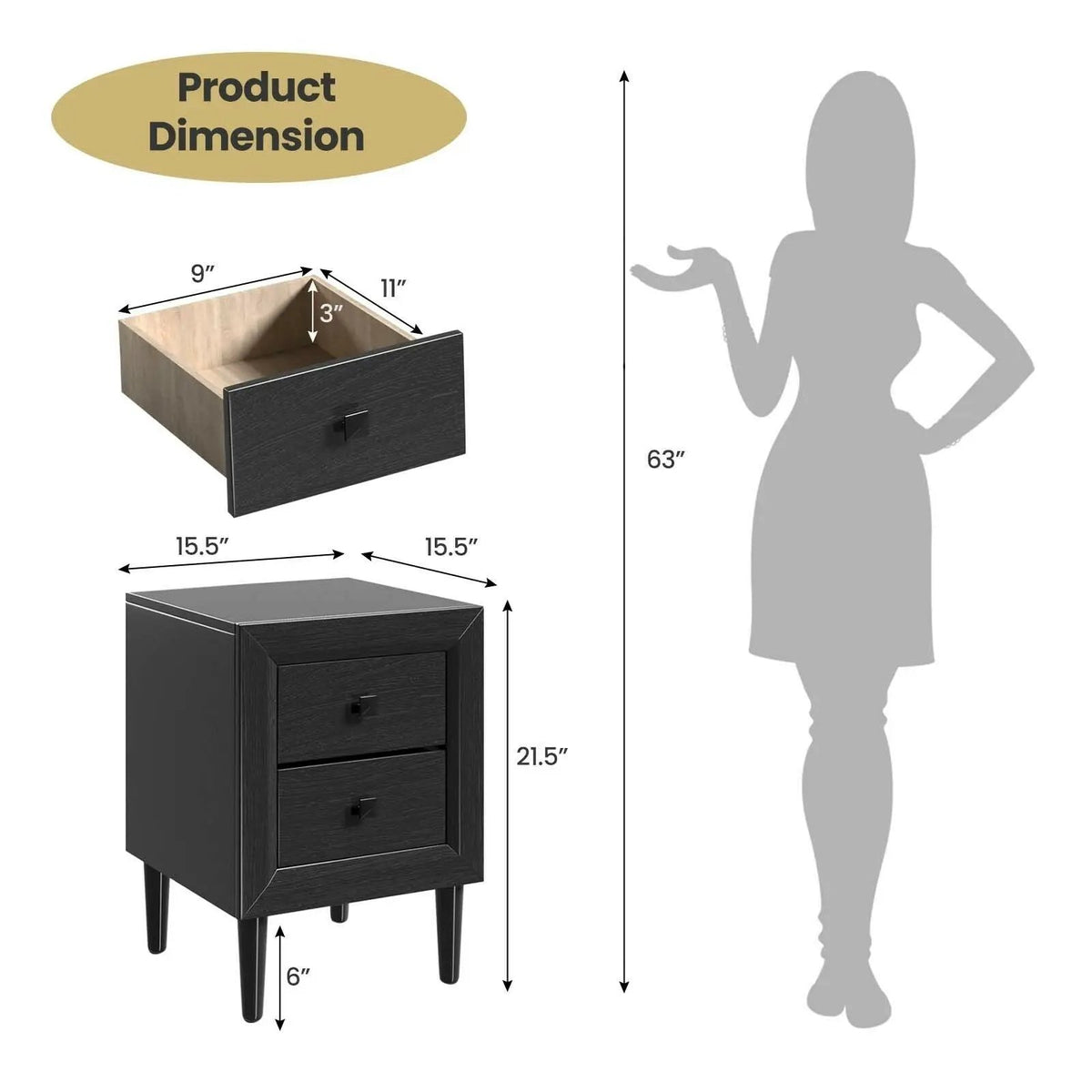 2PCS Nightstand W/2 Drawer Multipurpose, photo 4 of 9
