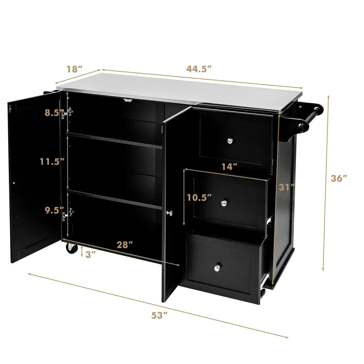 Kitchen Island 2-Door Storage Cabinet with Drawers and Stainless Steel Top, photo 11 of 24